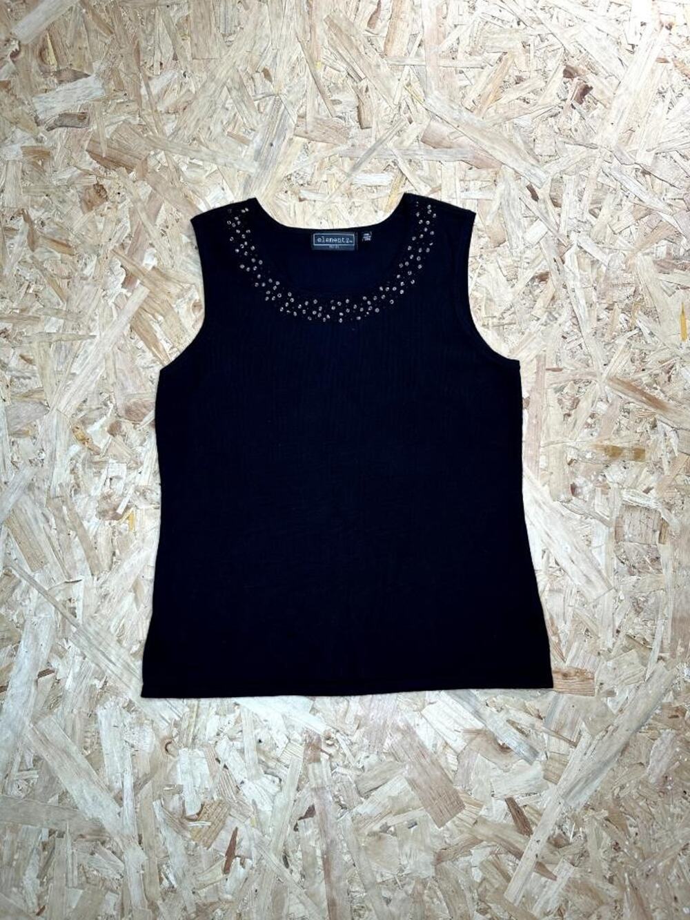 Elementz Petite Womens Tank Top PM Black Knit Beaded Neckline Sleeveless Shell
